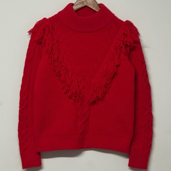 Tuckernuck Women’s Fringe Caswell Wool Blend Sweater Red XS Cable Knit Crewneck - Picture 3 of 8
